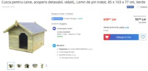 Cuşcă pentru câine din lemn, cu acoperişul detaşabil. Sursa foto: eMag